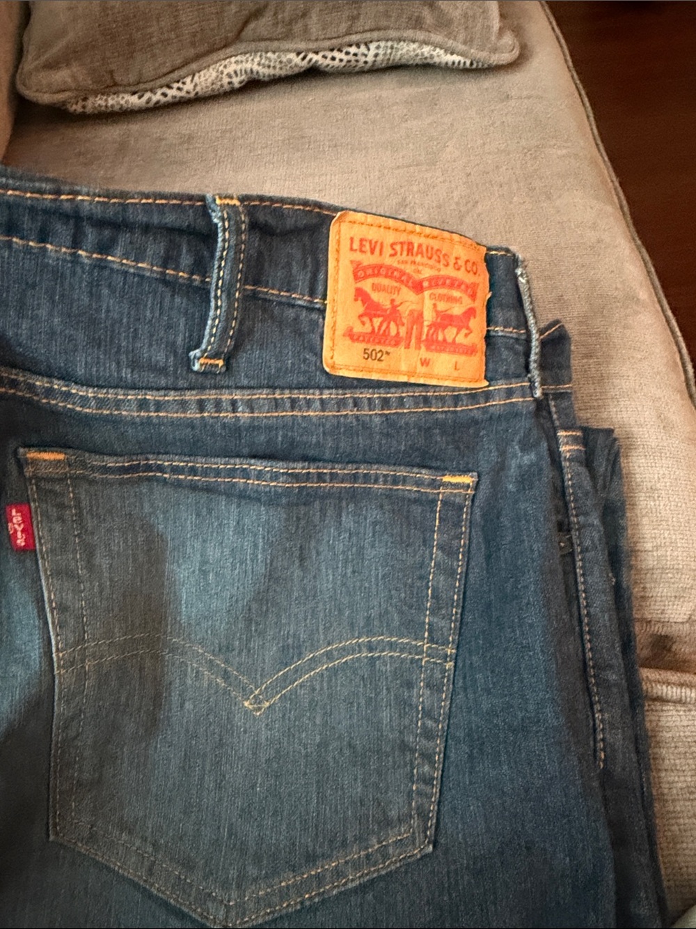 Levi's Men's Jeans in Dark Blue Denim with Tan Leather Patch